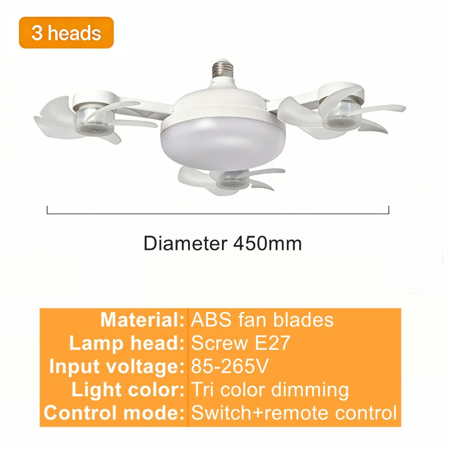 Ceiling Fan Light Drone E27 3/4 Head 2-In-1 Design Fan Lighting Bulb with Remote Control AC85-265V for Home Restaurant Bedroom